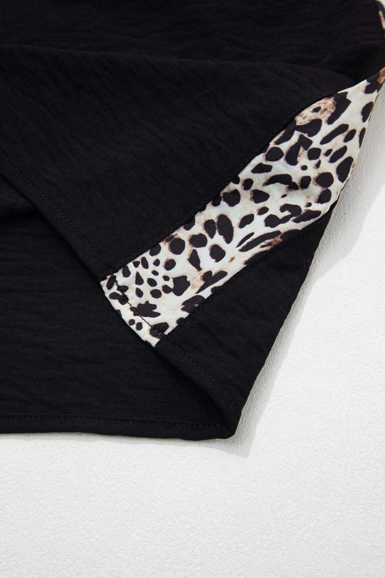 Black Plus Size Leopard Patchwork Round Neck Loose Tee