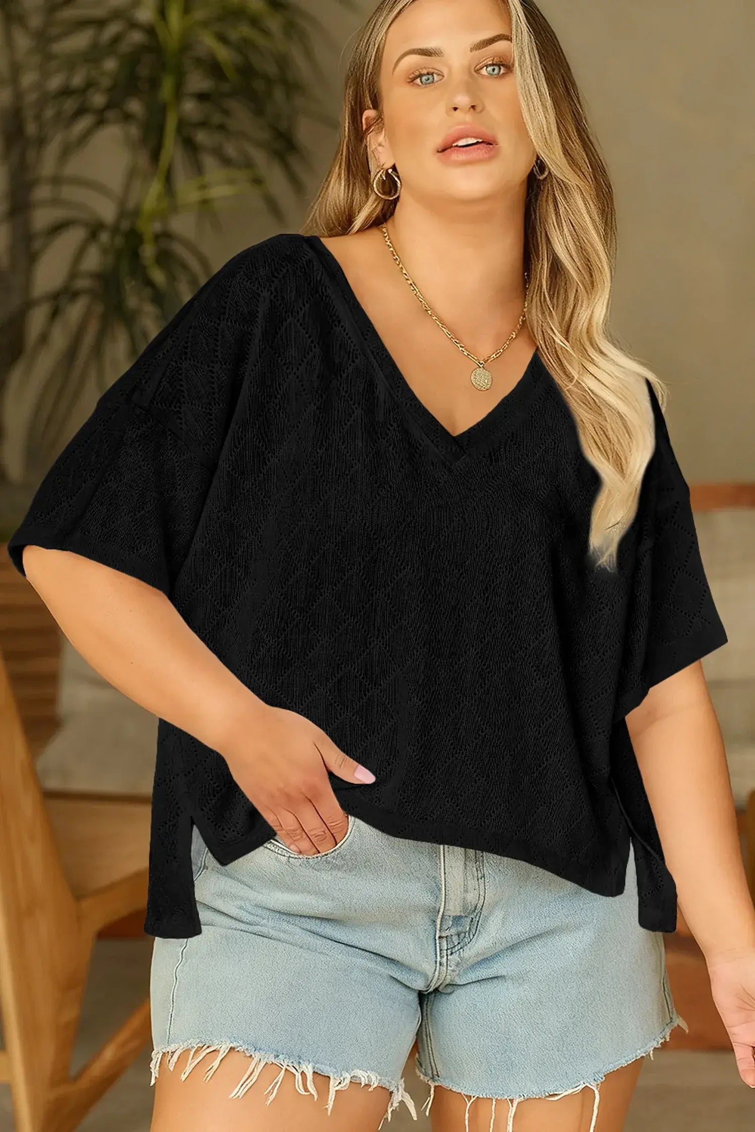 Black Pointelle Rhombus Knit Plus Size V Neck Loose Top