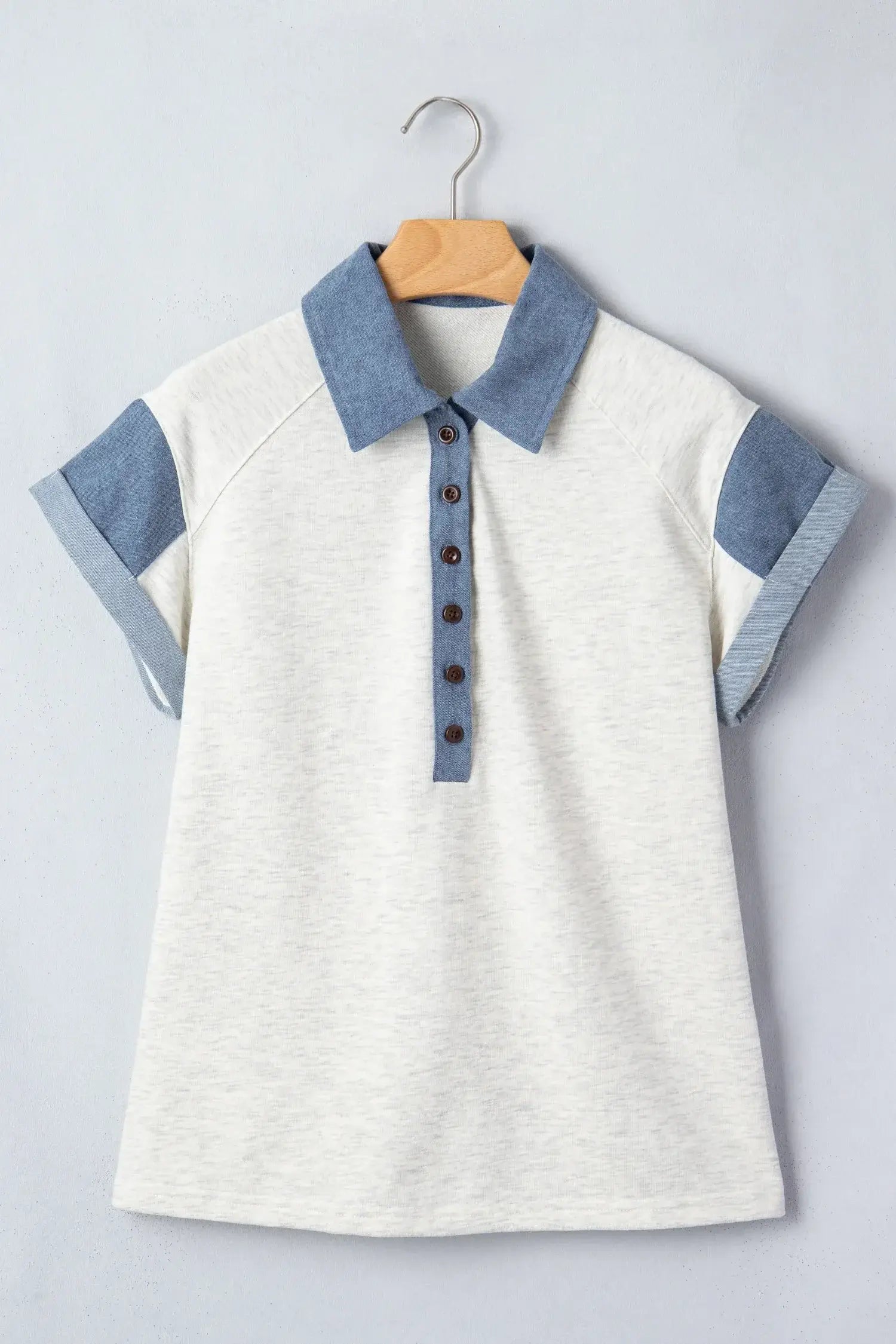 Light Grey Denim Color Block Patchwork Shirt Collar Short Sleeve Blouse