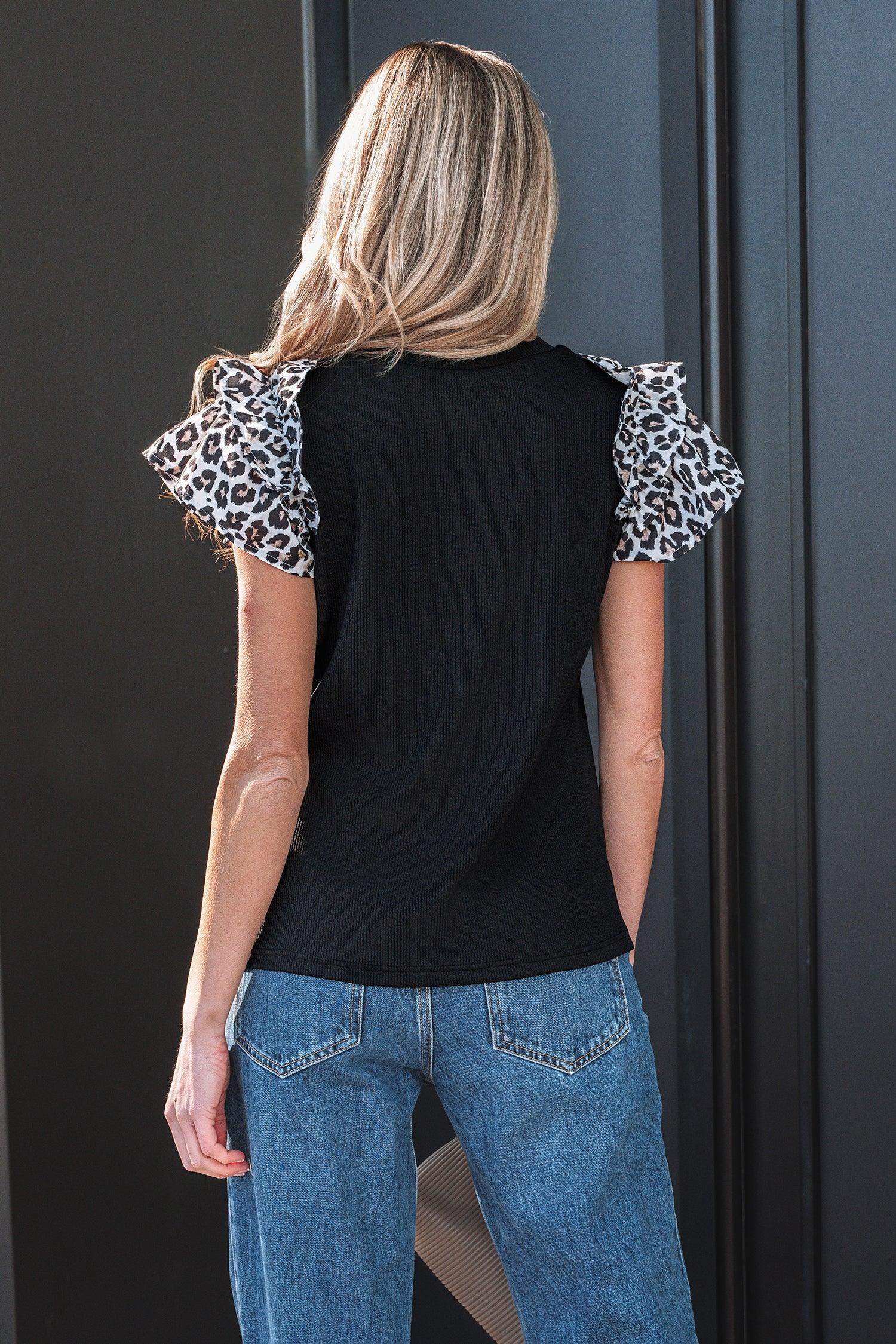 Black Contrast Leopard Ruffled Short Sleeve Ribbed Knit Top