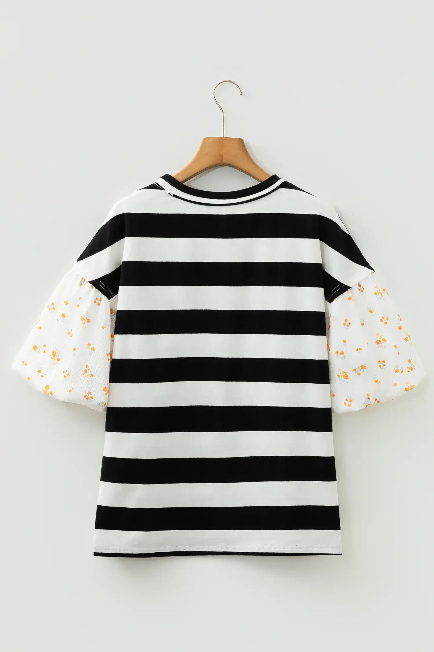 Black Stripe Floral Print Puff Sleeve Patchwork Blouse