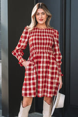 Red Plaid Print Smocked Puff Sleeve Mini Dress