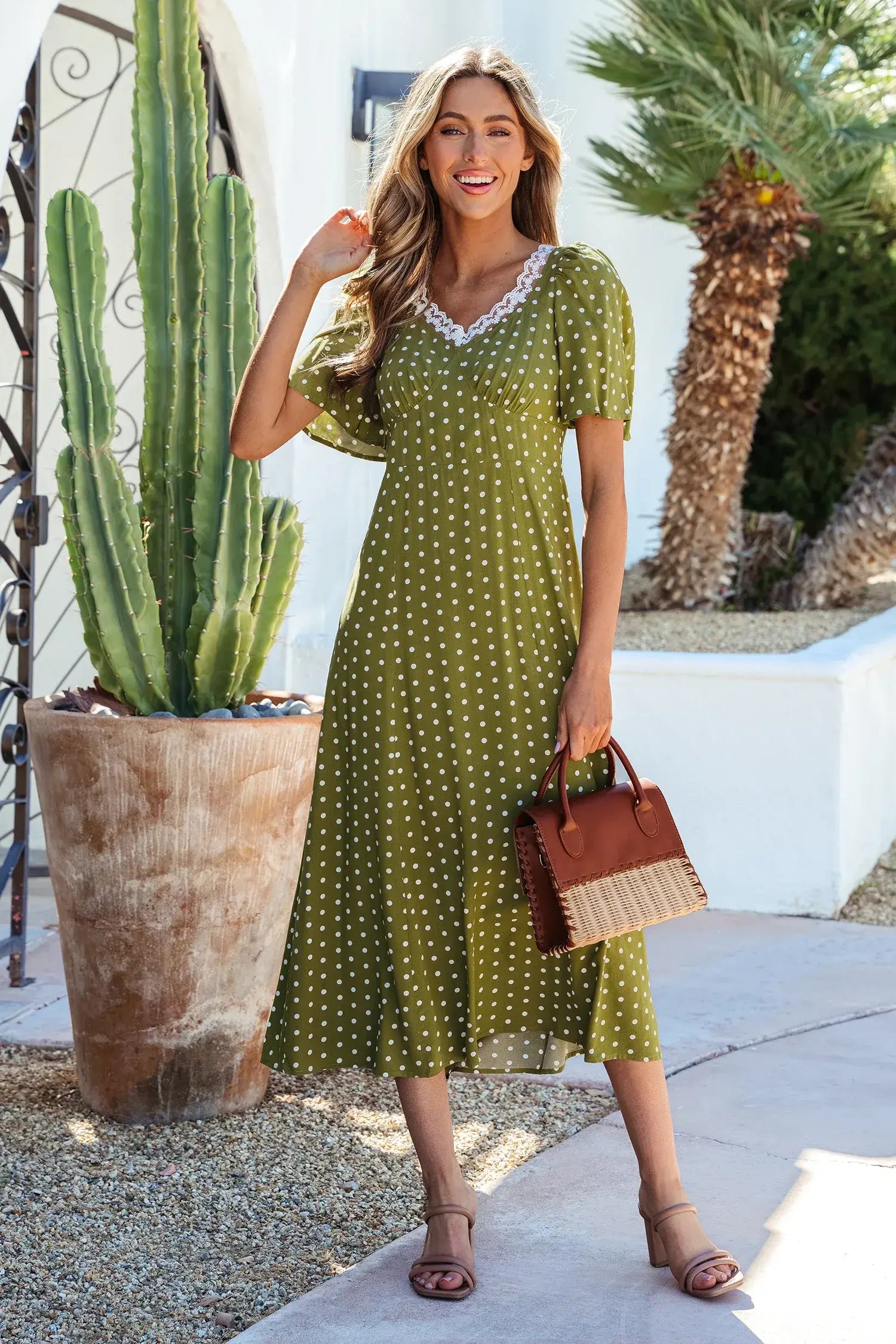 Green Polka Dot Print Lacy Neckline Smocked High Waist Maxi Dress