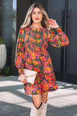 Multicolour Floral Print Long Sleeve Smocked Ruffled Mini Dress