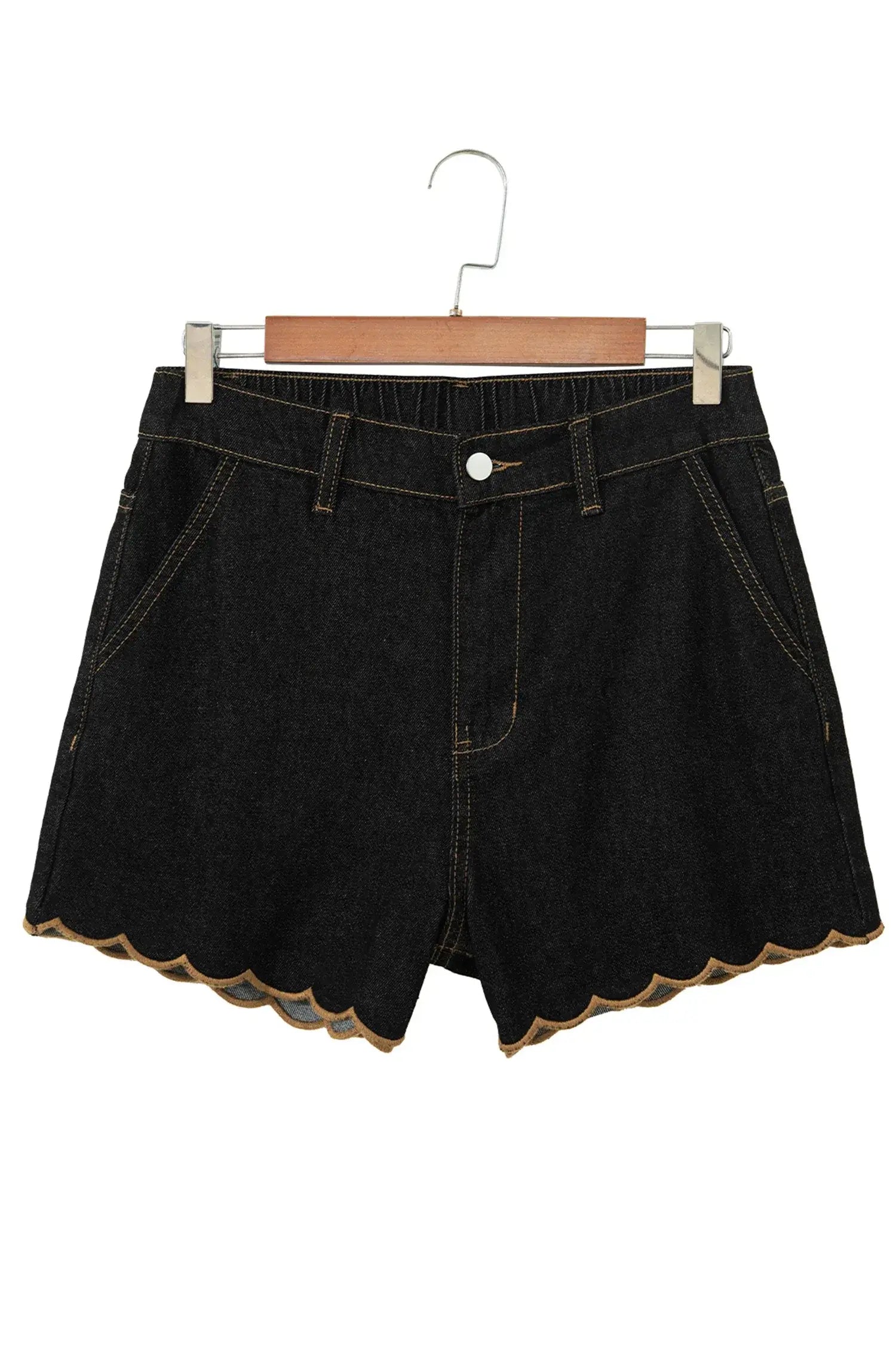 Navy Blue Embroidered Scalloped Trim Relaxed Denim Shorts