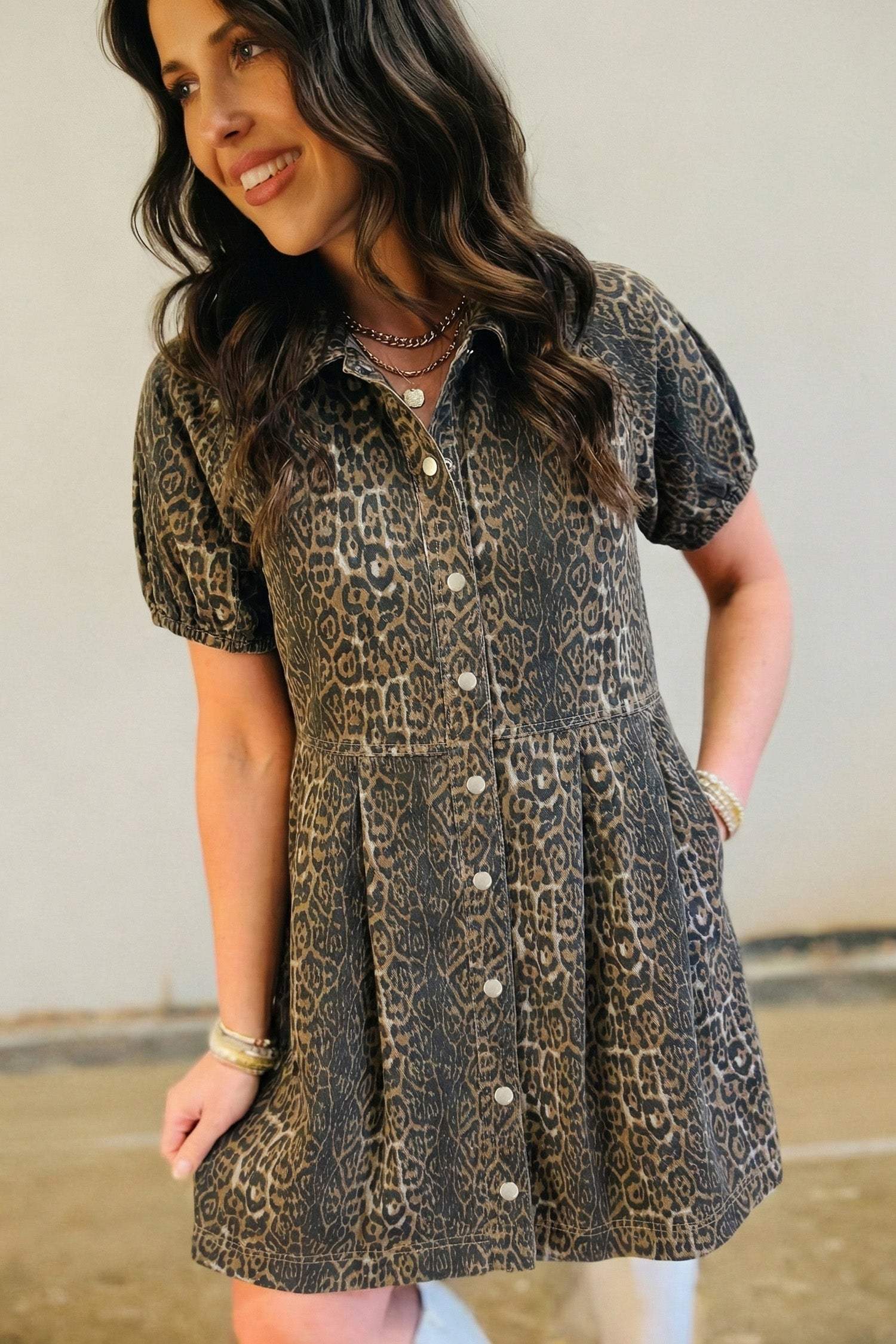 Gray Leopard Print Short Sleeve Pleated Denim Mini Dress