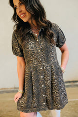 Gray Leopard Print Short Sleeve Pleated Denim Mini Dress