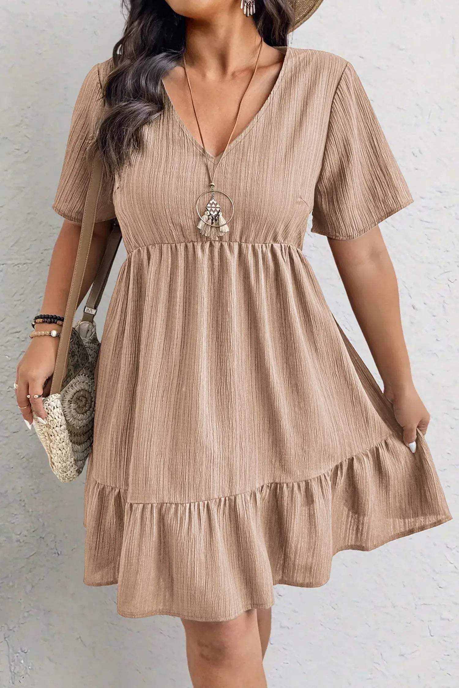 Dark Khaki Plus Size Textured Ruffled Short Sleeve Dress
