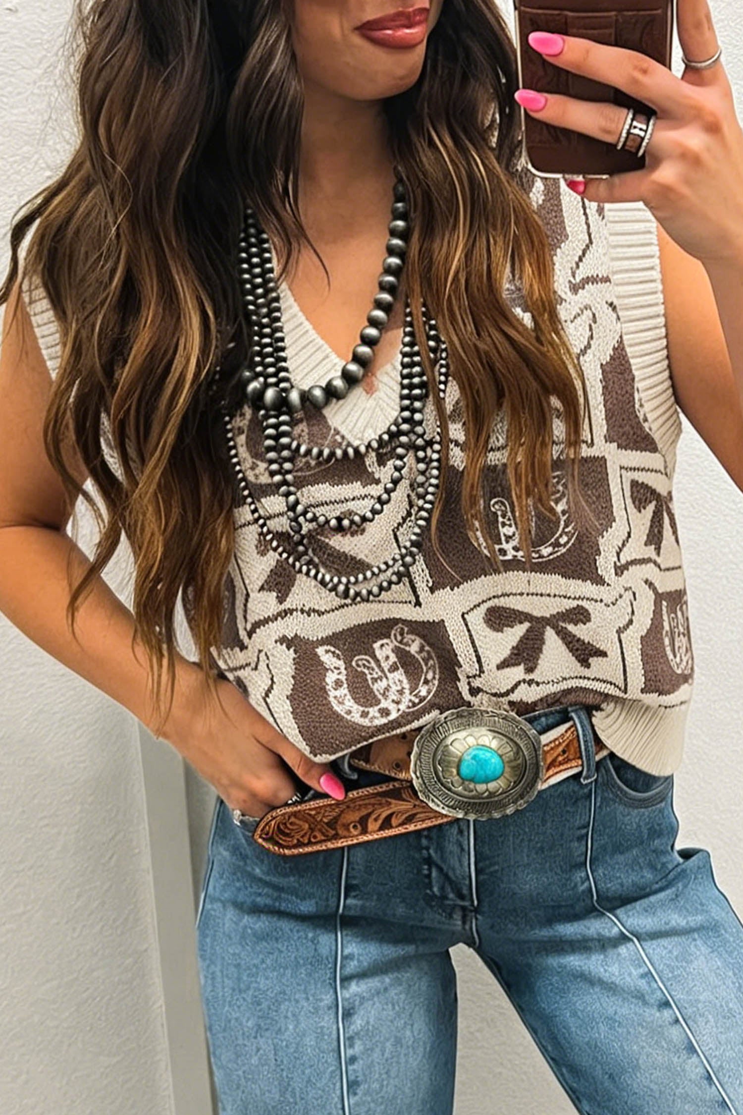 Brown Western Horseshoe Bow Printed V Neck Loose Sweater Vest
