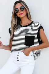 Red Stripe Chest Pocket Patch Round Neck Tank Top