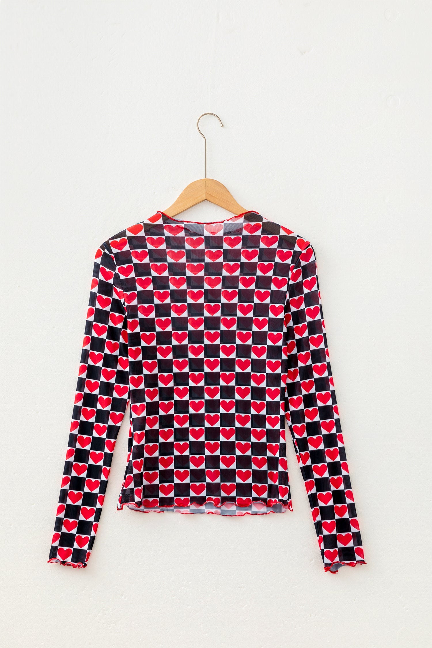 Black Plaid Heart Mesh Sheer Long Sleeve High Neck Blouse