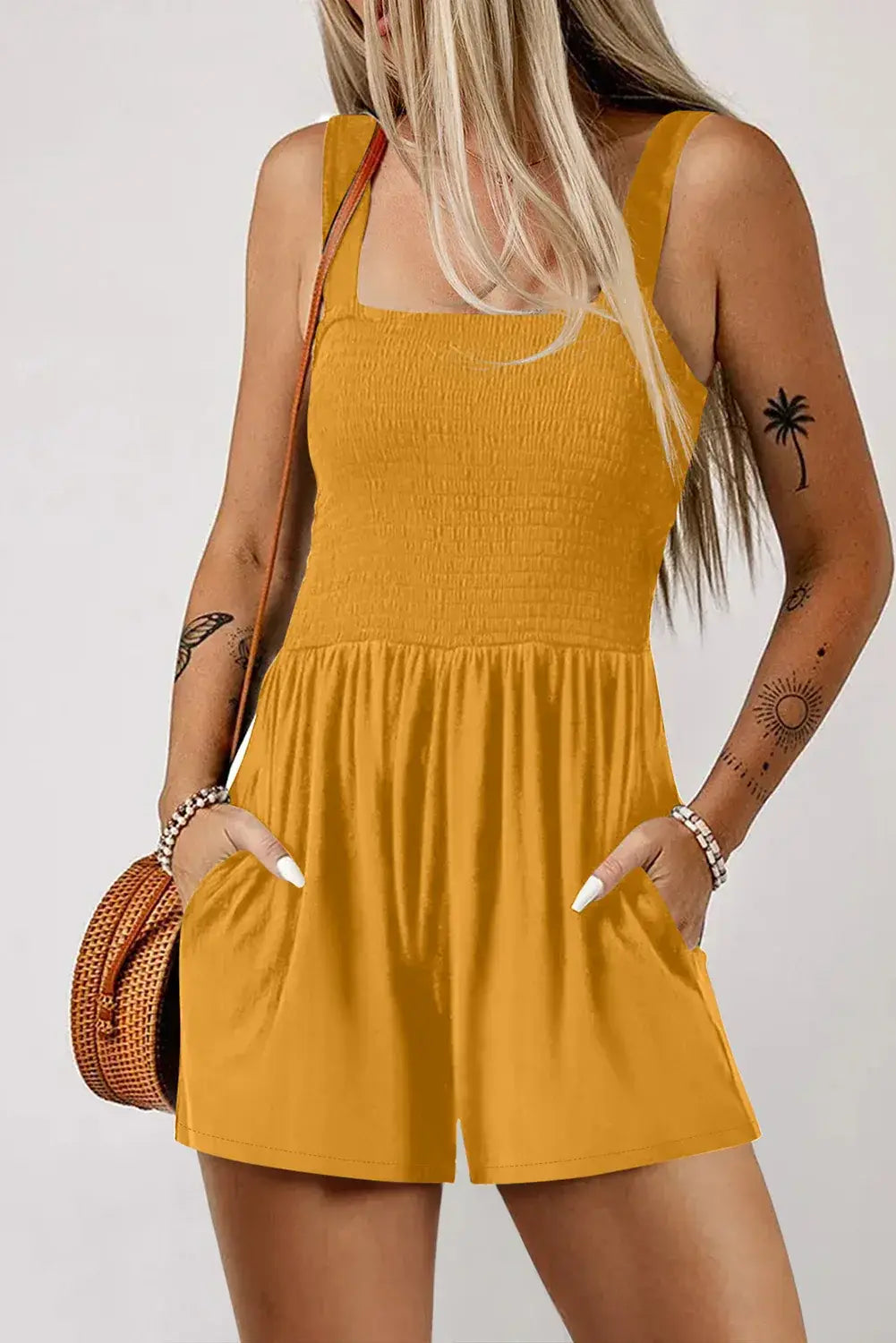 Ginger Casual Pocketed Smocked Sleeveless Romper