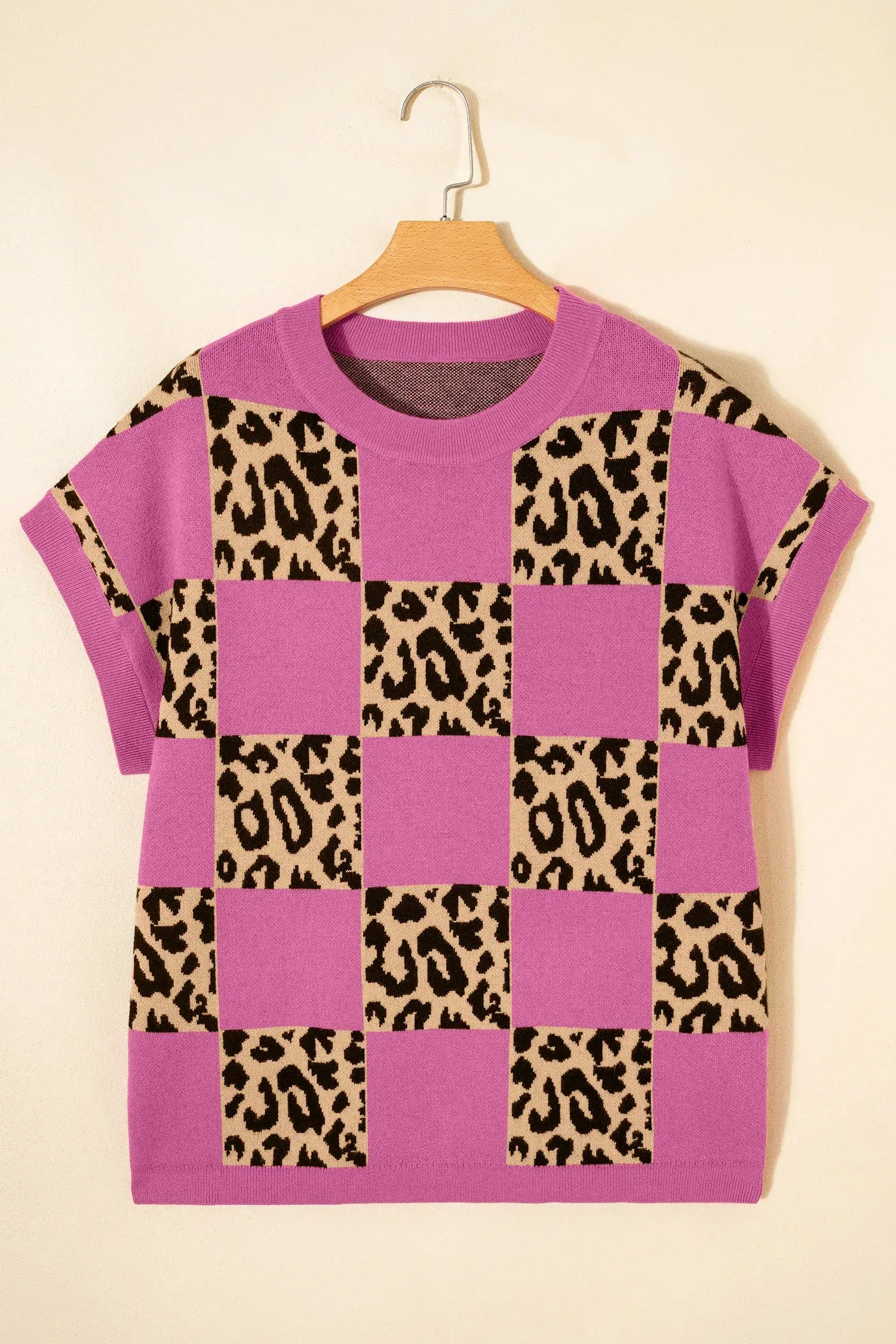 Red Leopard Checkerboard Short Sleeve Knit Sweater