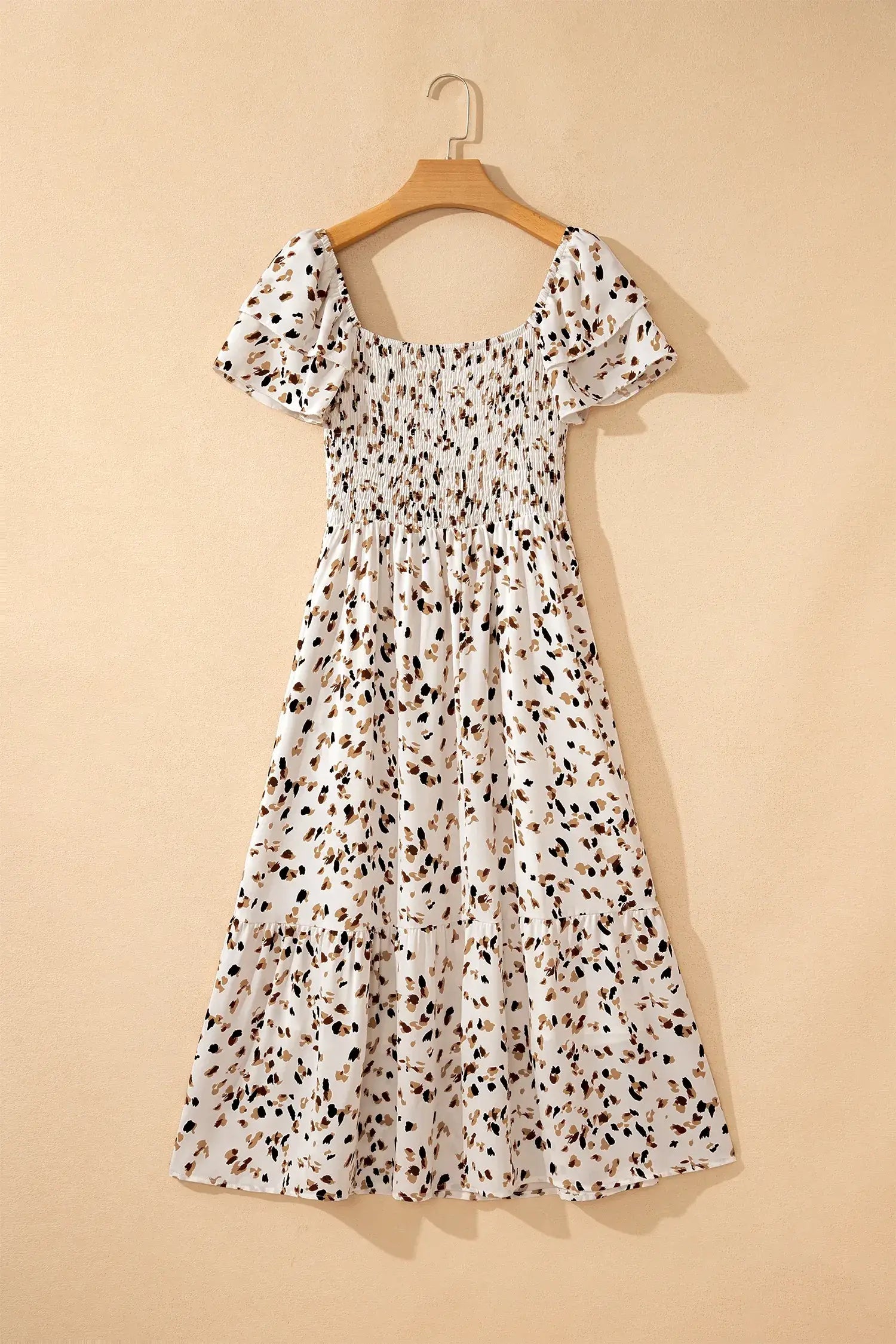 Beige Ditsy Floral Print Smocked Square Neck Ruffle Short Sleeve Dress