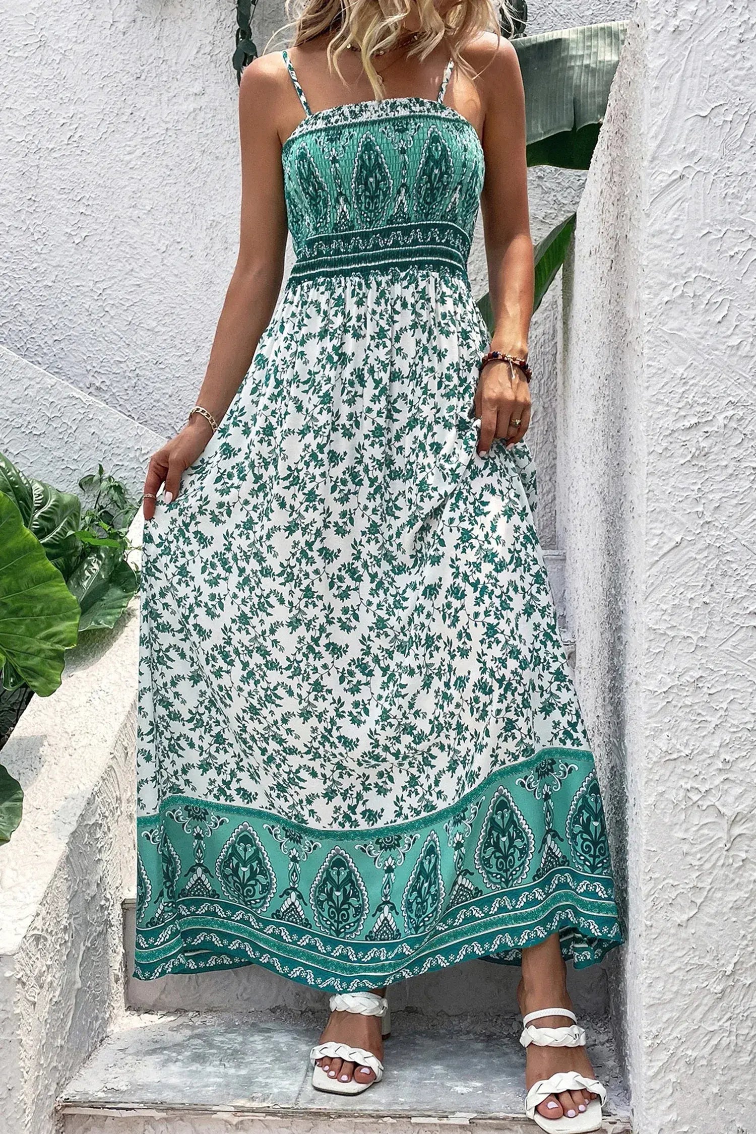 Green Boho Floral Print Shirred Cami Maxi Dress