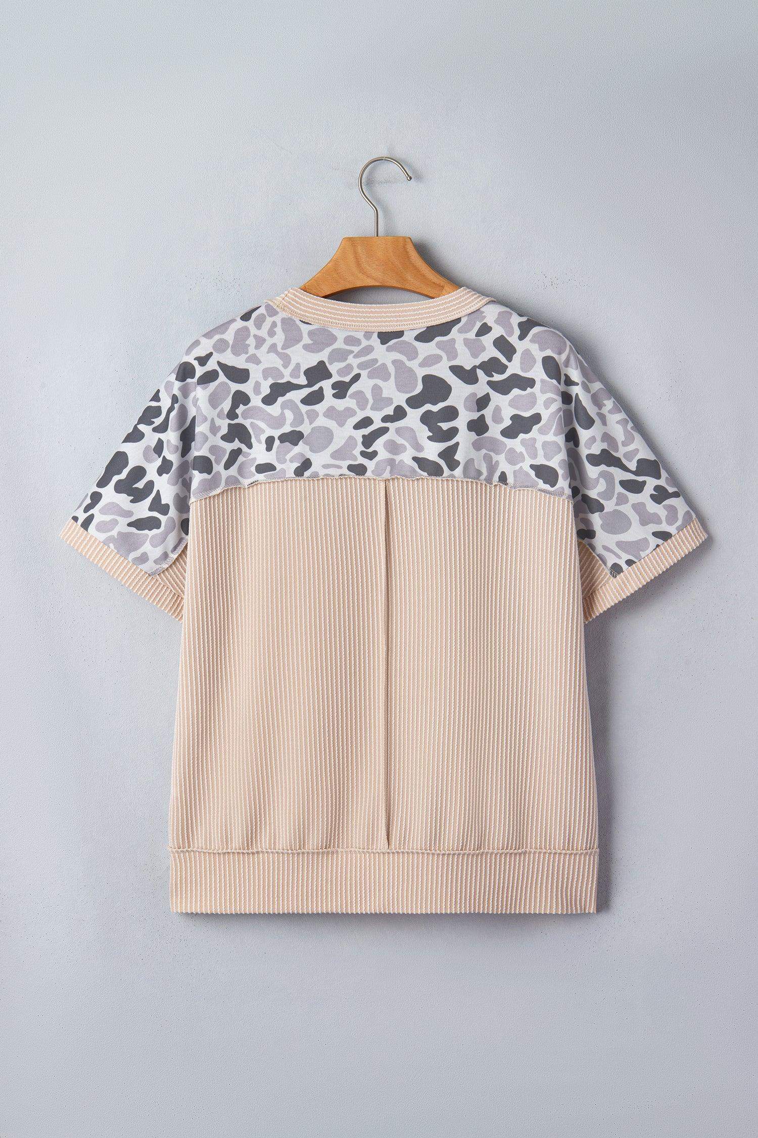 Gray Camouflage Print Twisted Ribbed Patchwork Casual T Shirt