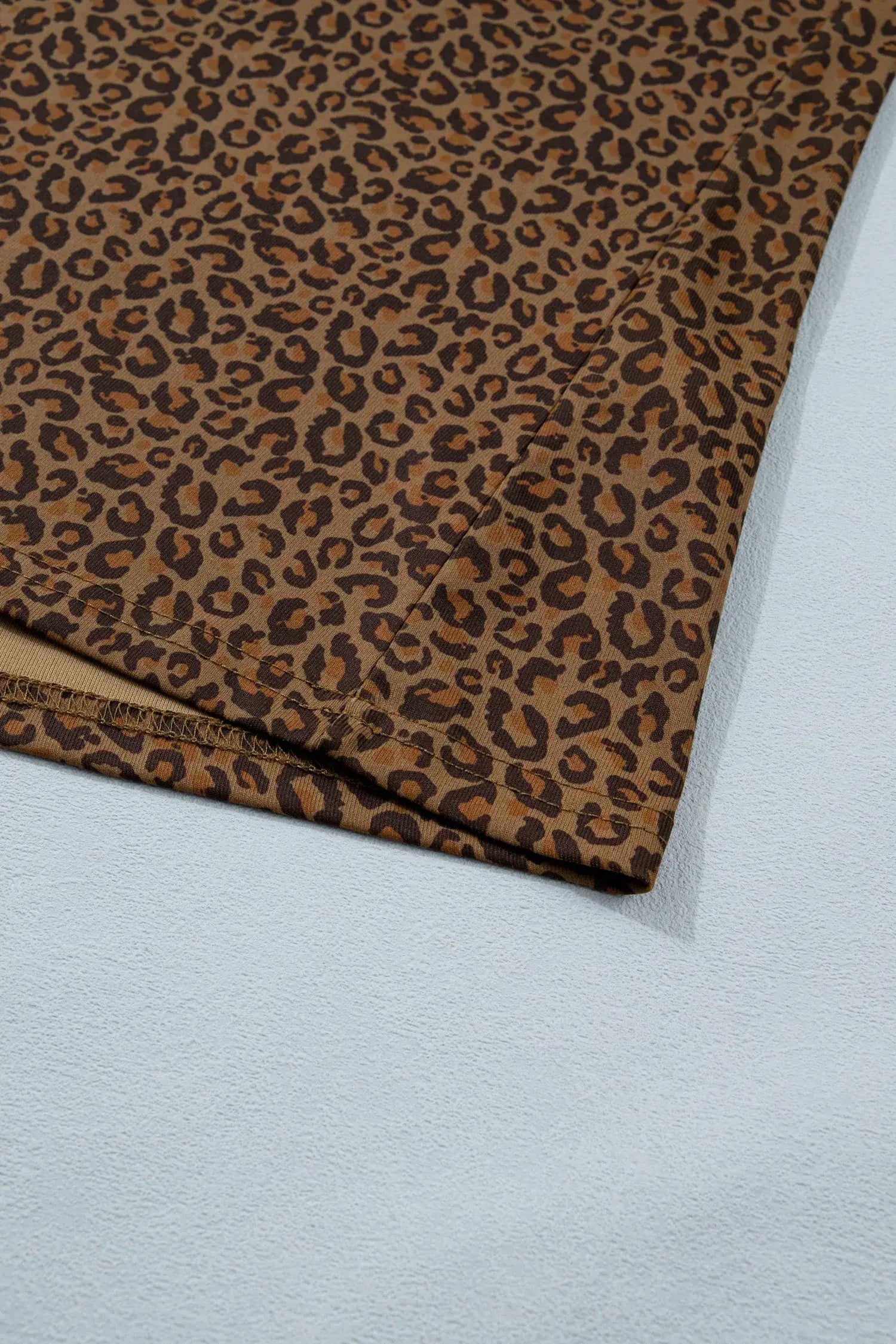 Khaki Plus Size Leopard Print Ribbed Trim Round Neck Tee
