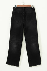 Black Frayed Cropped Straight Jeans