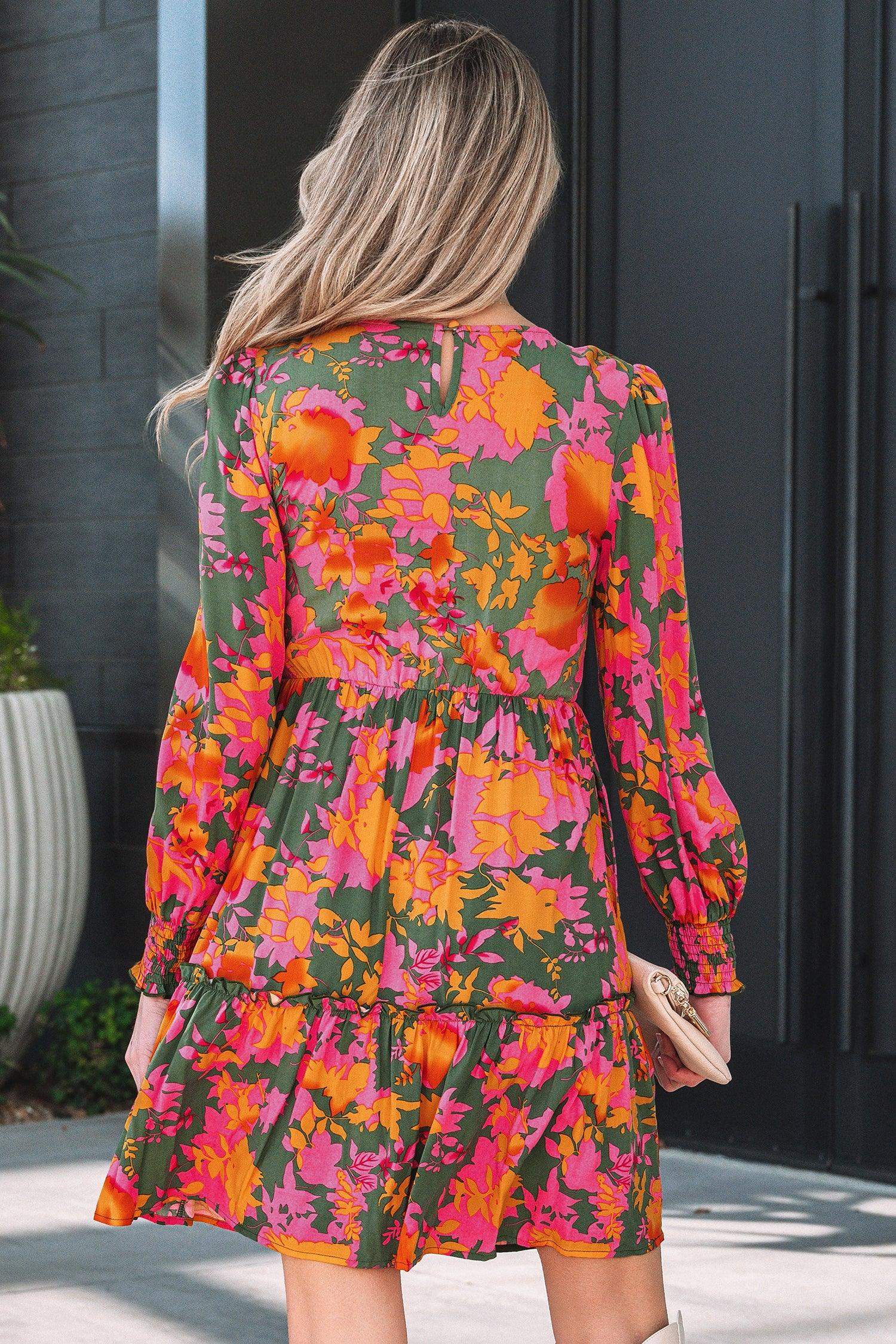 Multicolour Floral Print Long Sleeve Smocked Ruffled Mini Dress