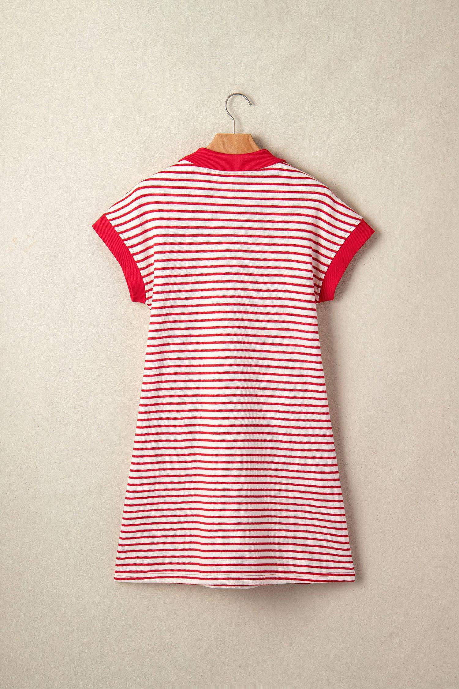 Green Stripe Quarter Zip Polo Collar T Shirt Dress with Pockets