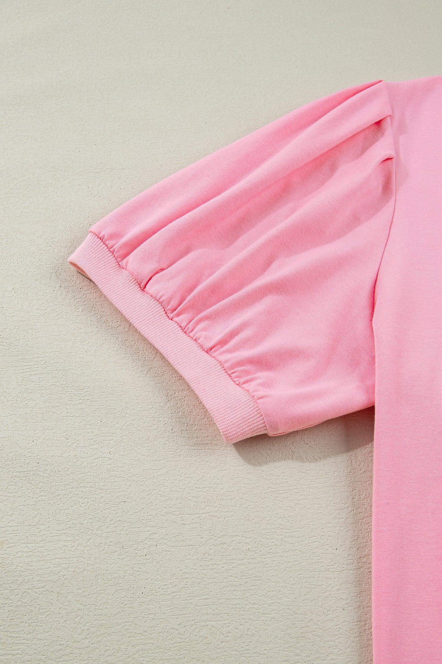 Bonbon V Neck Pleated Short Puff Sleeve Plus Size Blouse