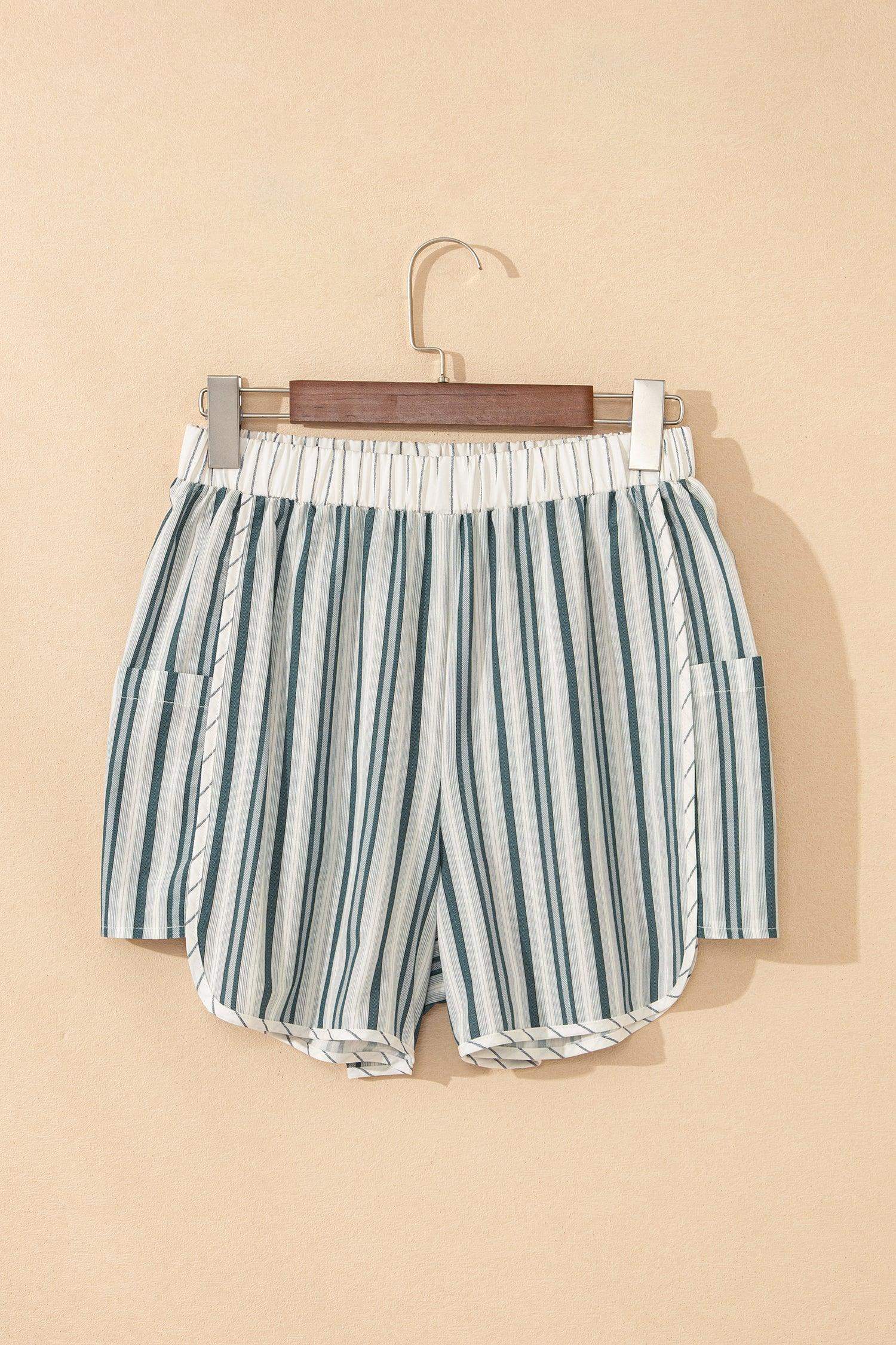 Gray Stripe Elastic Waist Cargo Pocket Casual Shorts