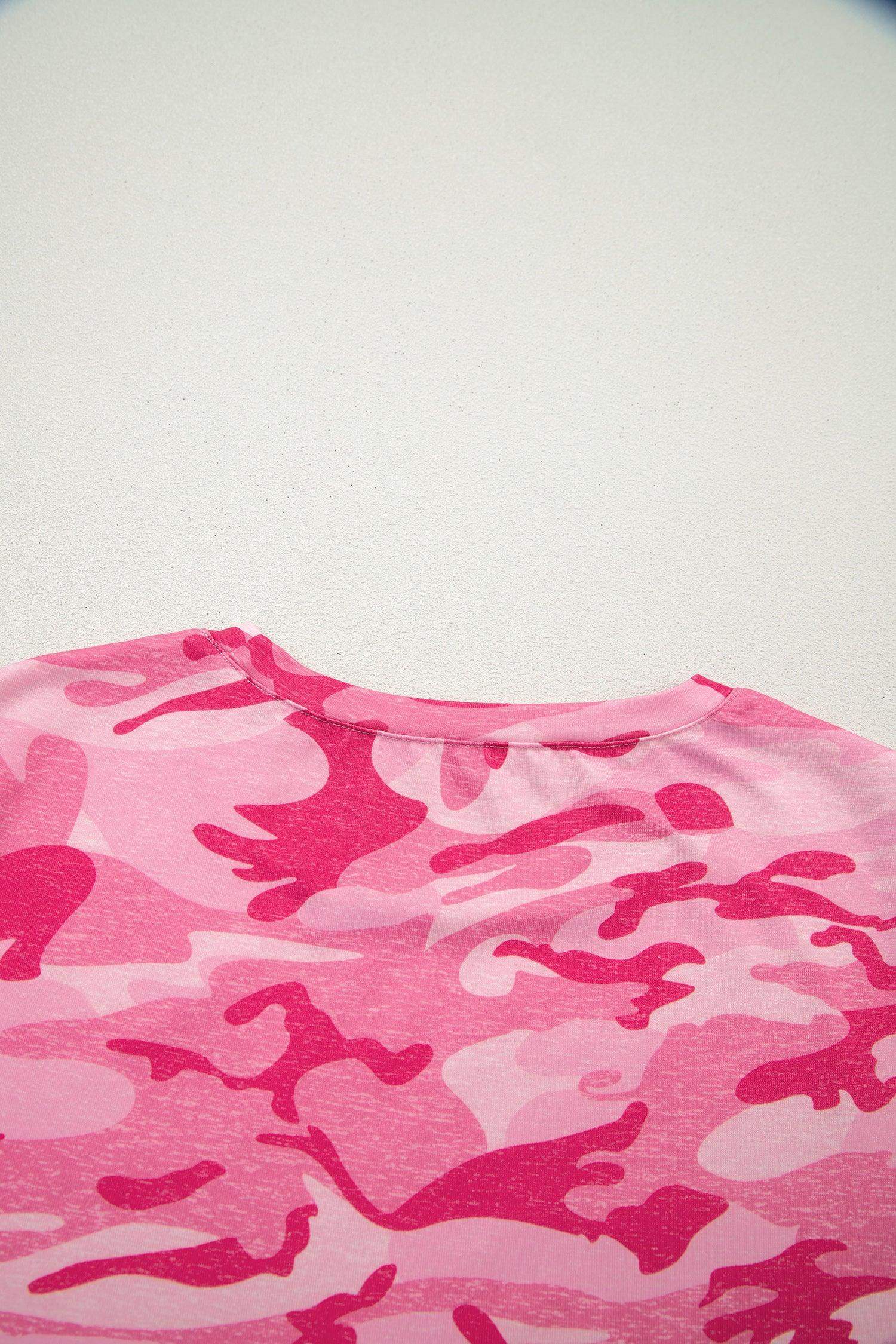 Pink Camouflage Print Crew Neck T Shirt