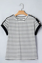 Black Stripe Cuffed Sleeve Button Detail Loose Tee