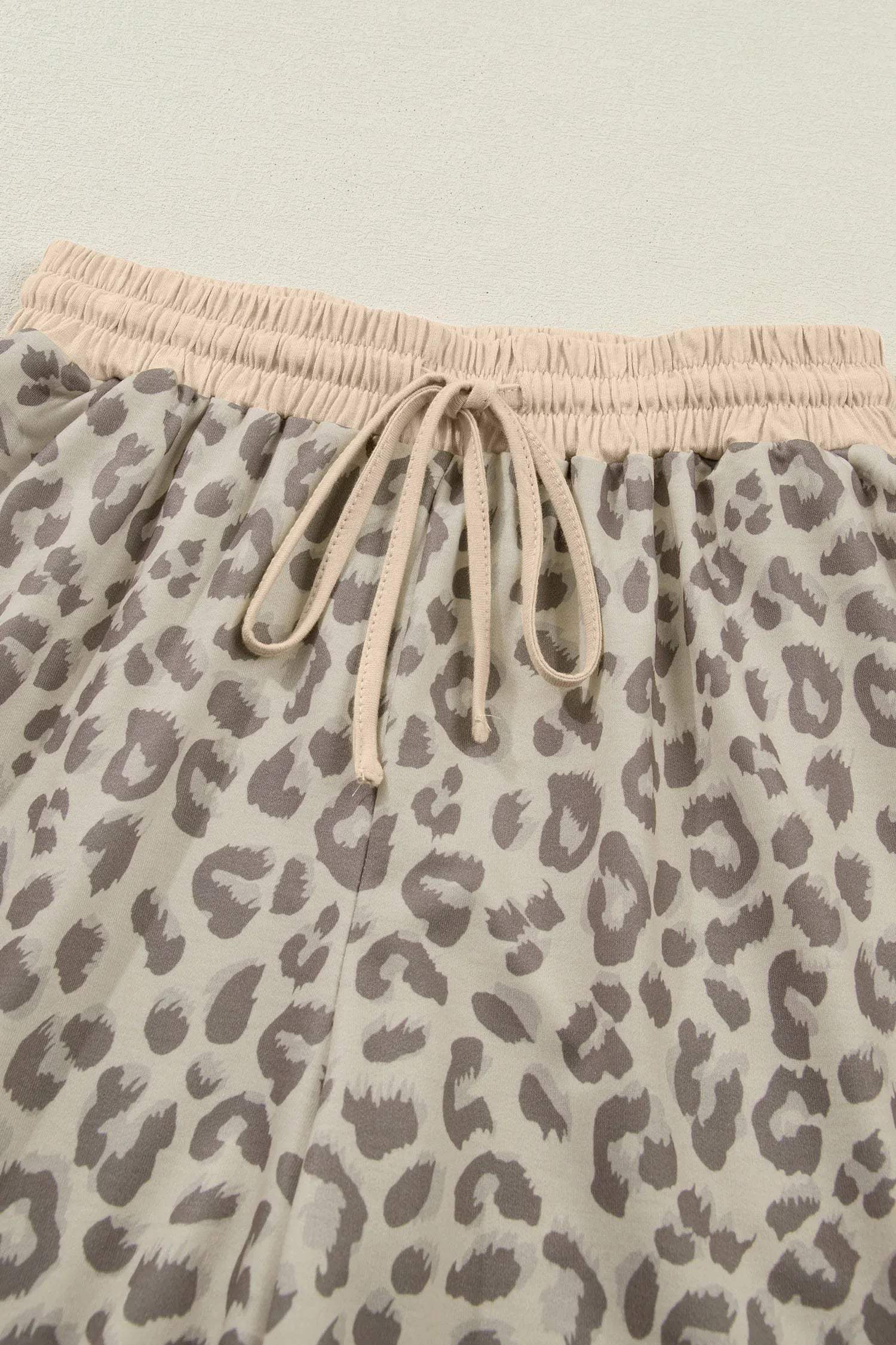 Khaki V Neck Collar Leopard Printed 2pcs Short Set