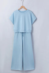 Clearly Aqua Solid Color Loose Tee Drawstring Wide Leg Pants 2pcs Outfit