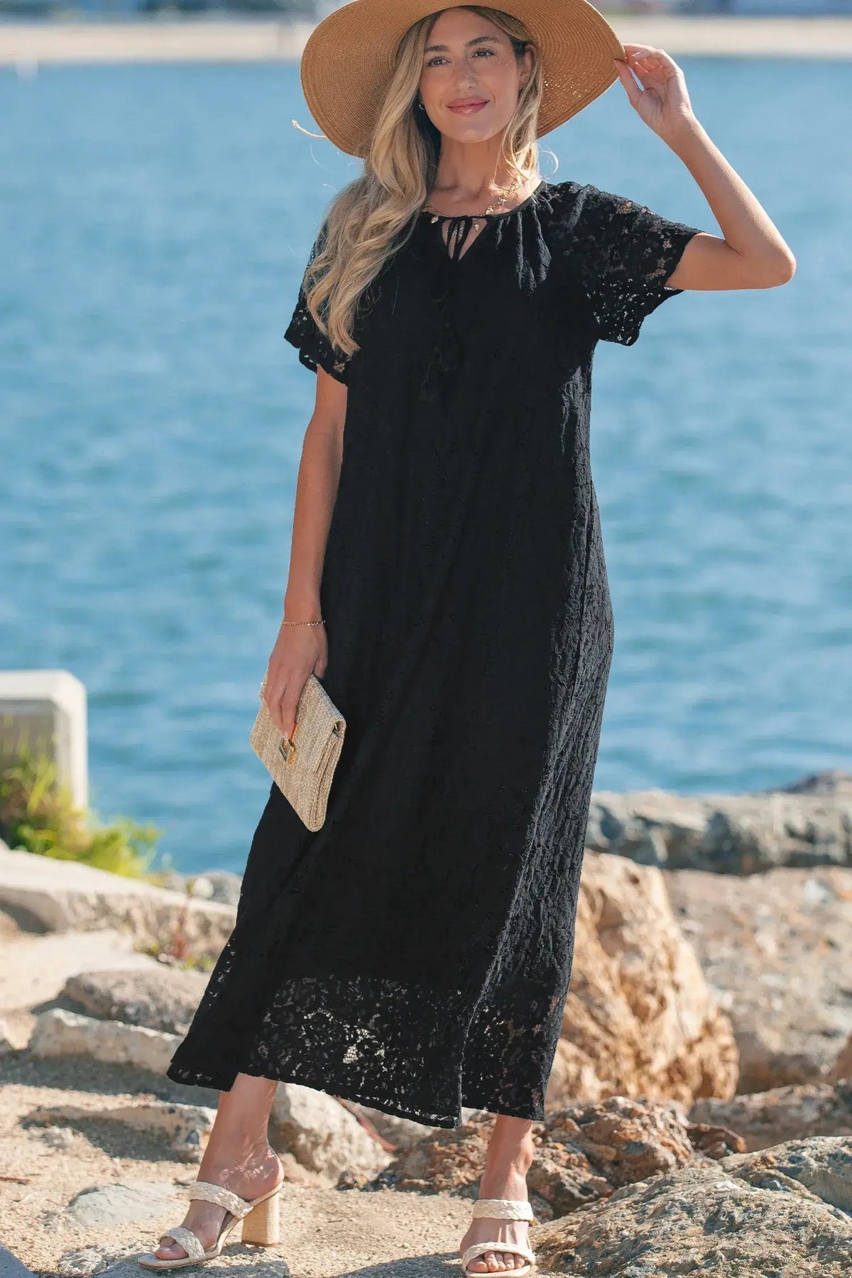 Black Floral Lace Overlay Tassel Tie Short Sleeve Beach Vacation Loose Maxi Dress