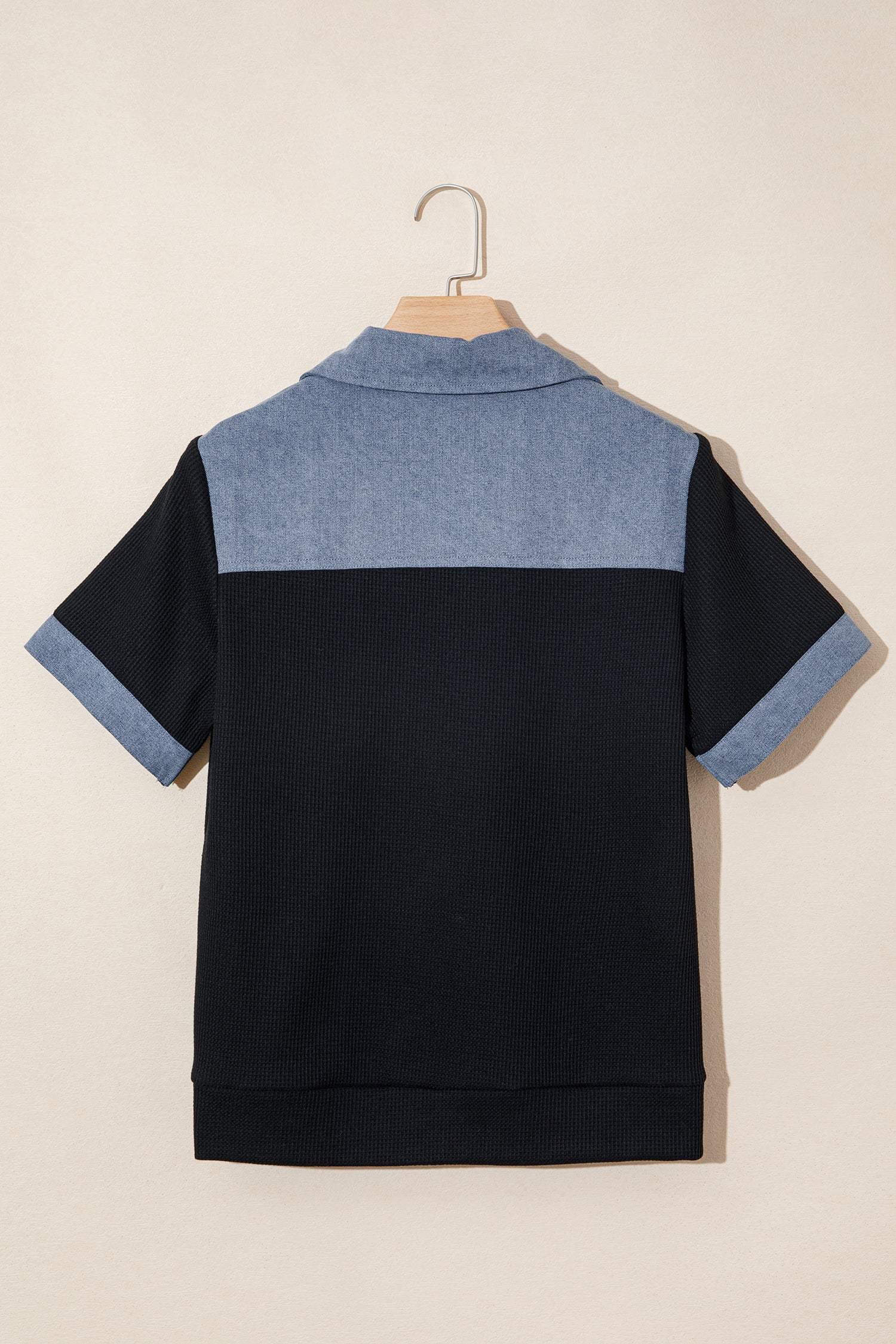 Black Waffle Knit Denim Color Block Patchwork Button Flap Polo Top