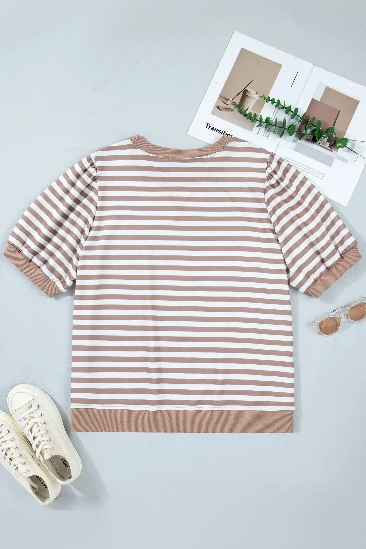 Orange Stripe Ribbed Trim Round Neck Short Puff Sleeve Plus T Shirt