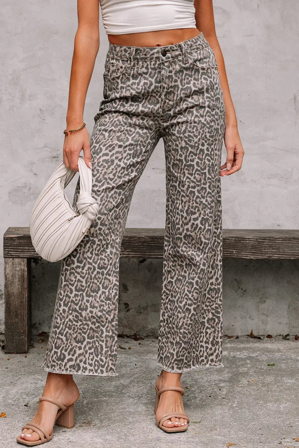 Gray Leopard Frayed Edge Wide Leg High Waist Jeans