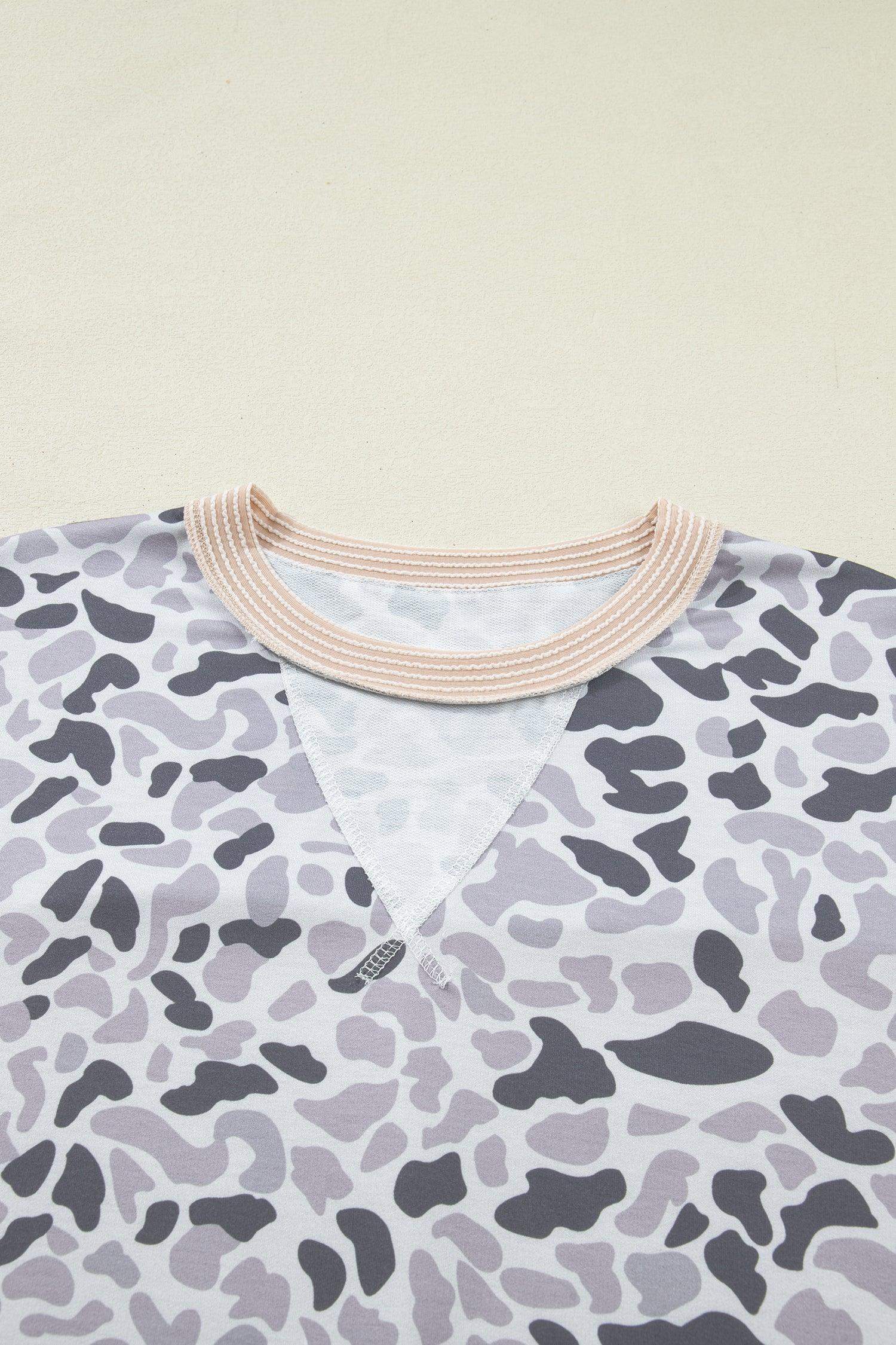 Gray Camouflage Print Twisted Ribbed Patchwork Casual T Shirt