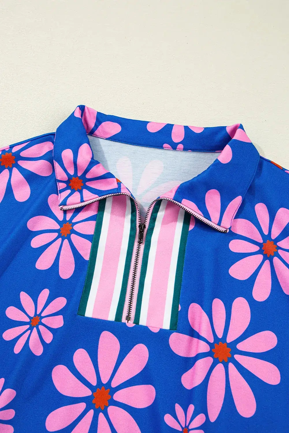 Purple Floral Striped Quarter Zip Cap Sleeve Drawstring Waist Mini Dress