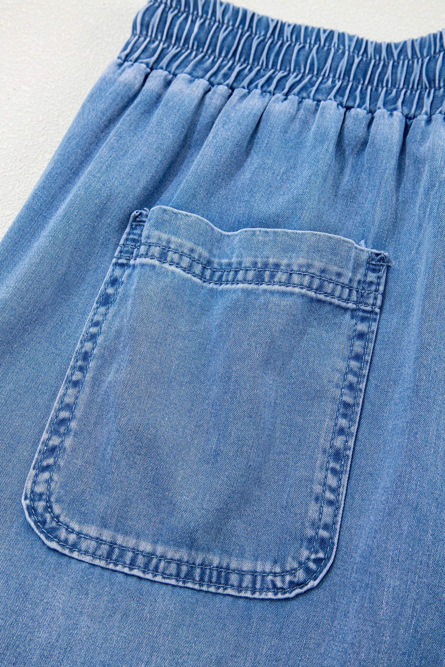 Beau Blue Drawstring Elastic Waist Pocketed Loose Denim Pants