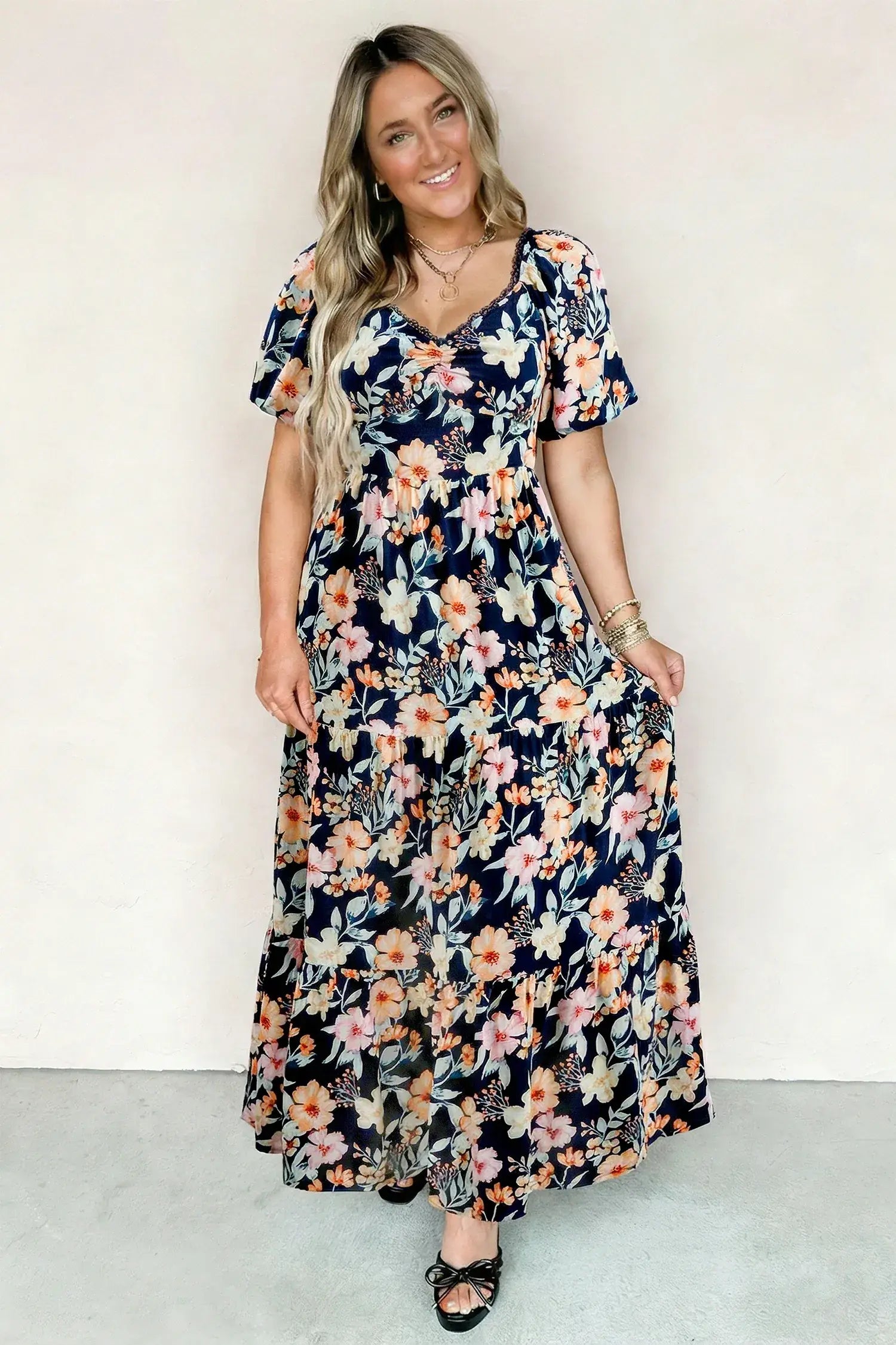Blue Short Sleeve Smocked Detail High Waist Floral Maxi Dress