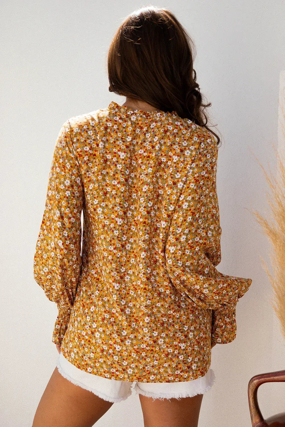Orange Boho Floral Ruffled Bubble Sleeve V Neck Fall Blouse