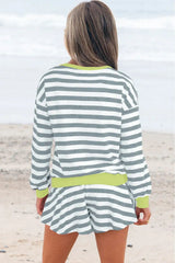 Gray Stripe Contrast Ribbed Banding Long Sleeve Blouse Loose Shorts Set