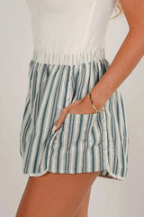 Gray Stripe Elastic Waist Cargo Pocket Casual Shorts