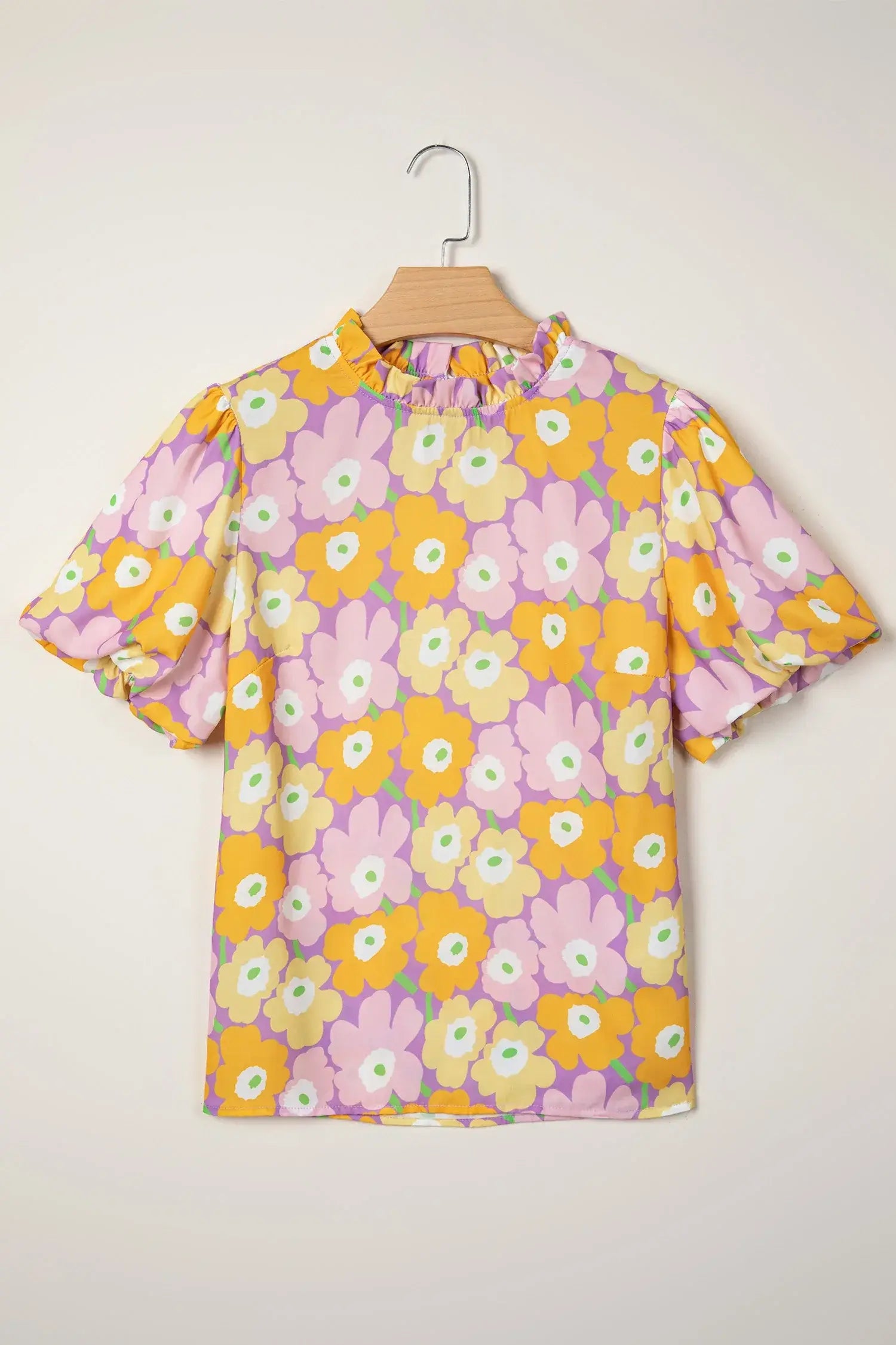 Purple Frilled Neck Puff Short Sleeve Flower Top