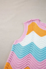 Multicolour Striped Colorblock Scalloped Hem Knitted Vest