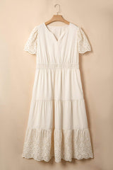 Apricot Plus Size V Neck Lacy Embroidery Patchwork Short Sleeve Maxi Dress