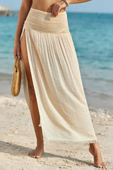 Pale Khaki Shirred High Waist Split Long Beach Skirt