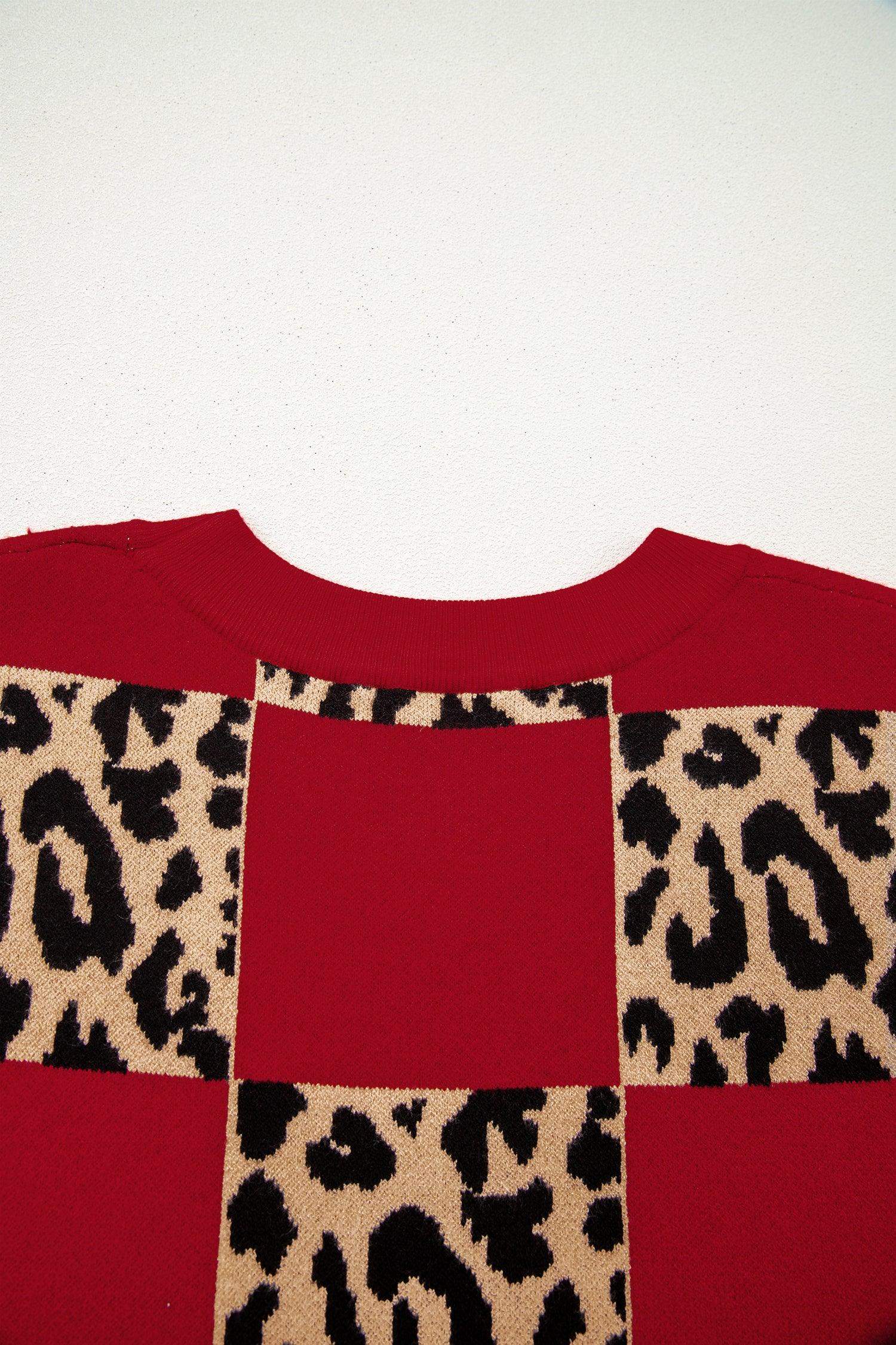 Red Plus Size Leopard Contrasted Checkered Short Sleeve Sweater
