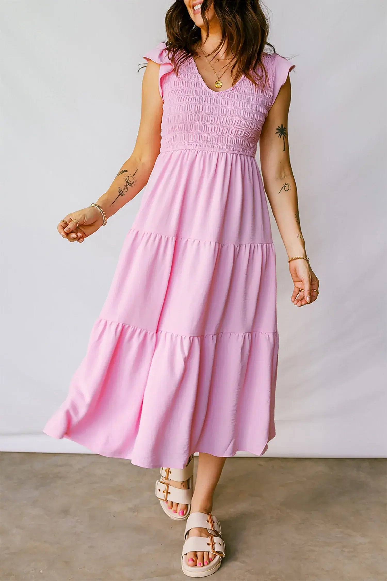 Pink Smocked Bodice Flutter Sleeve Fit Flare Tiered Midi Dress
