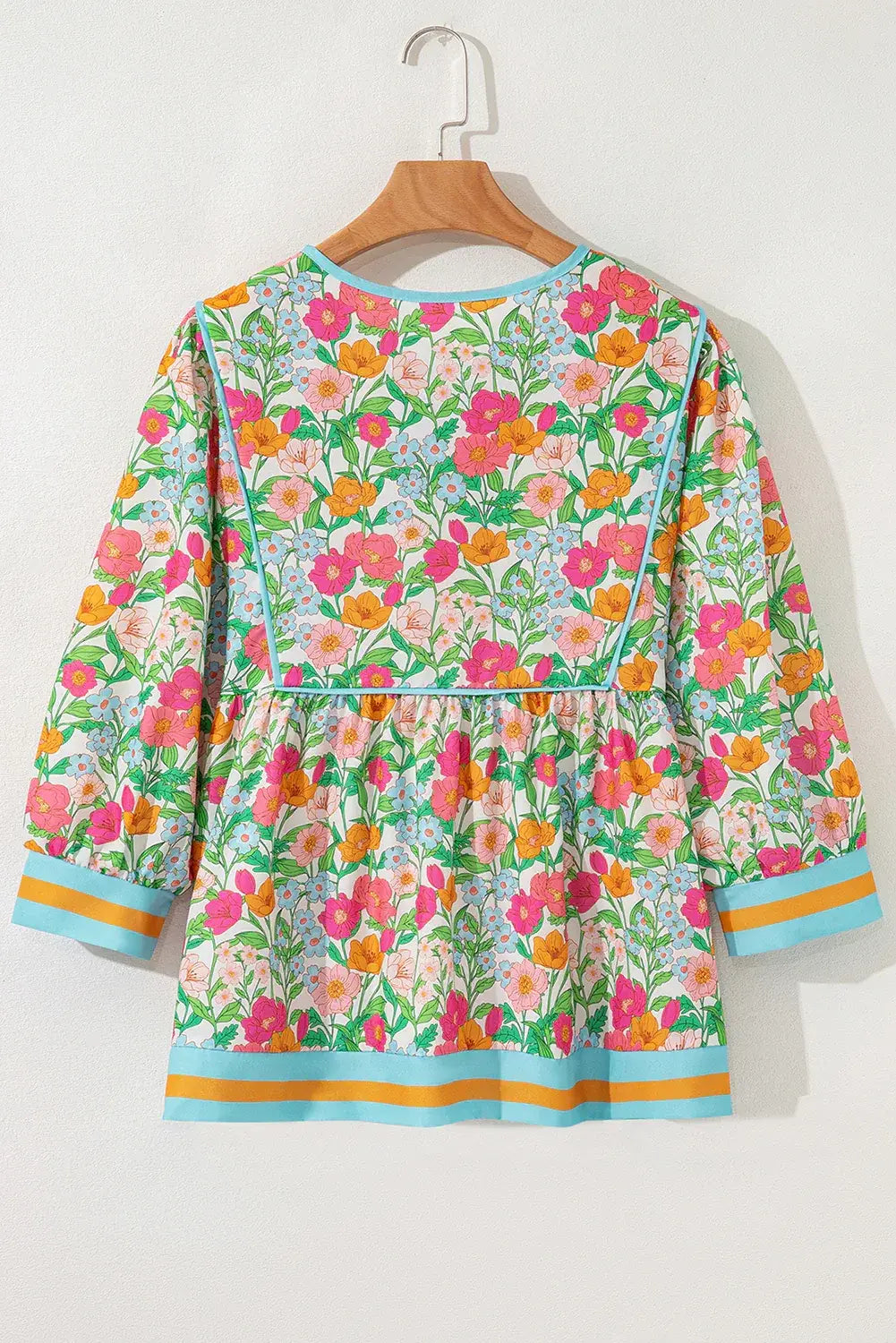 Green Floral Print Striped Trim Tie Neck Puff Sleeve Babydoll Blouse