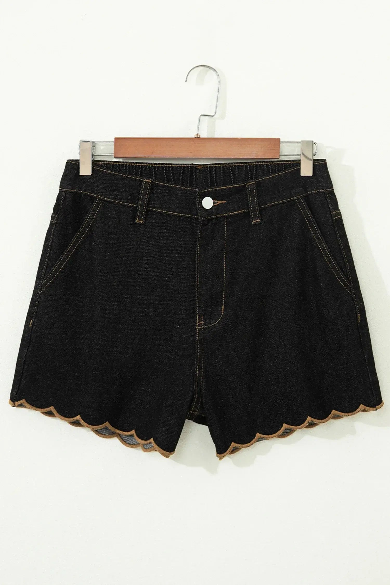 Navy Blue Embroidered Scalloped Trim Relaxed Denim Shorts