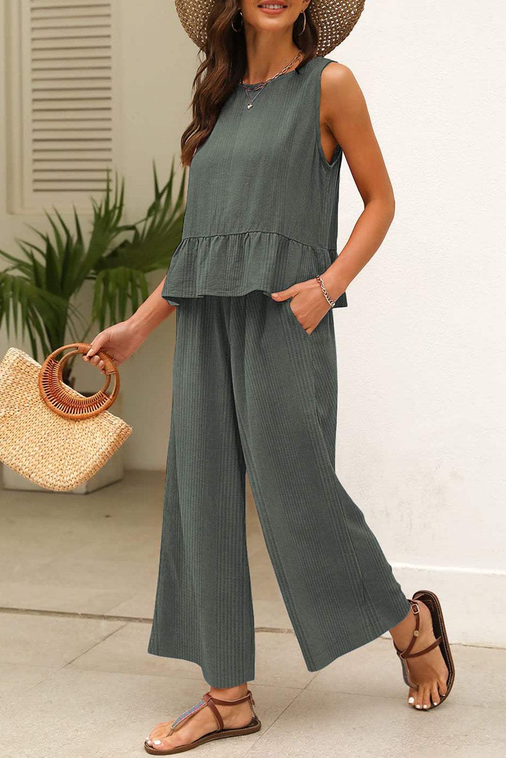 Beau Blue Solid Color Ribbed Ruffle Tank Top and Pants Set